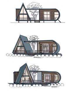 three different views of a small house with windows and balconies on the roof