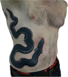 a man with a snake tattoo on his stomach