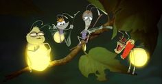 some cartoon characters on a tree branch with lights in their hands and one holding a flashlight