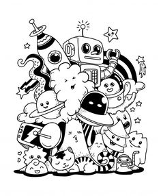 a black and white drawing of cartoon characters