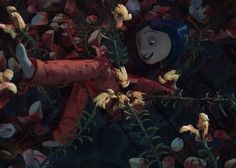 an animated character surrounded by flowers and leaves