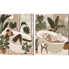 two paintings of a woman laying in a bathtub surrounded by plants and potted plants