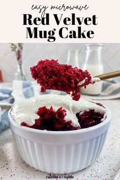 red velvet mug cake with cream cheese frosting in a white bowl on a table