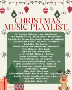 the christmas music playlist is shown in red and green