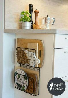 the kitchen counter is organized and ready to be used as a spice rack for spices