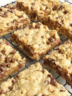 chocolate chip cookies and oatmeal bars cooling on a rack