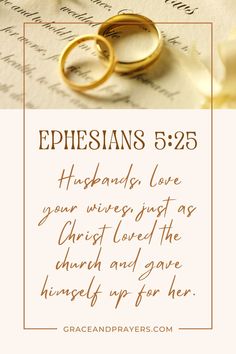 two wedding rings sitting on top of a piece of paper with the words, ephesians