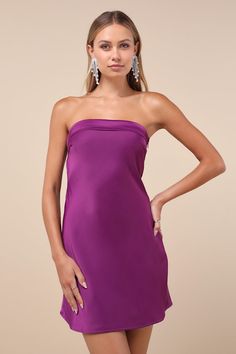 Get ready to arrive on the scene and cause a commotion in the Lulus Exquisite Approach Purple Satin Strapless Cowl Back Mini Dress! Sleek satin shapes this flirty dress that features a straight, foldover neckline (with hidden no-slip strips) and a strapless, darted bodice. The flattering slip-style silhouette falls to a sexy mini hem, while an elasticized strap sits above a trendy cowl back. Hidden zipper/clasp at side. Fit: This garment fits true to size. Length: Mid-thigh. Size medium measures Purple Wedding Guest Dresses, Mini Dress Satin, Purple Satin Dress, Cowl Back Dress, Purple Mini Dresses, Flirty Dresses, Adhesive Bra, Purple Satin, Strapless Mini Dress