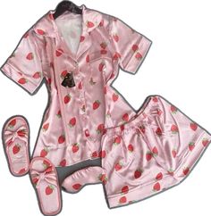 Pink Home Sets For Summer, Cute Spring Sets For Home, Casual Pink Bedtime Sets, Cute Strawberry Print Sleepwear For Lounging, Casual Sleepwear With Strawberry Print For Pajama Party, Casual Strawberry Print Sleepwear For Pajama Party, Cute Pink Strawberry Print Sets, Casual Strawberry Print Sets For Spring, Pink Summer Bedtime Sets