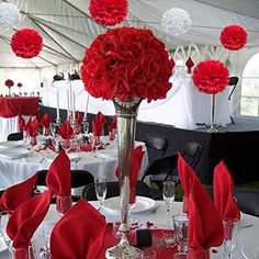 12pcs Red White Paper Flower Tissue Pom Poms Party Supplies - If you say i do Red Wedding Decorations, White Wedding Decorations, Red Crafts, Red And White Weddings, Red Wedding Theme, Red Napkins, Wedding Table Decorations, Gray Weddings, Red Wedding