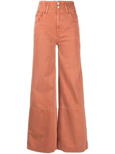 carnelian cotton denim logo patch to the rear high waist belt loops front button and zip fastening classic five pockets wide leg Jeans Patch, Orange Jeans, Burgundy Jeans, High Rise Wide Leg Jeans, Denim Pocket, Jeans Wide, Airport Fashion, Clothes Style, Airport Style