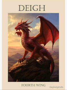 a red dragon sitting on top of a rock next to the words, degh