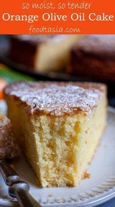 a piece of orange olive oil cake on a plate