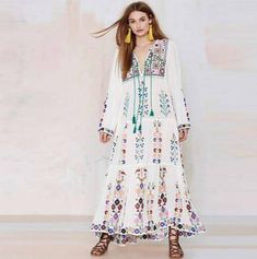 Spring Festival Floor-length Maxi Dress, Folk Style Embroidered Floor-length Dress, Folk Style Floral Embroidered Maxi Dress, Spring Floral Embroidered V-neck Boho Dress, Spring Boho V-neck Dress With Floral Embroidery, Spring Boho Dress With Floral Embroidery And V-neck, Embroidered Long Dress For Fall, Folk Style Long Sleeve Embroidered Summer Dress, Fall Multicolor Embroidered Long Sleeve Dress