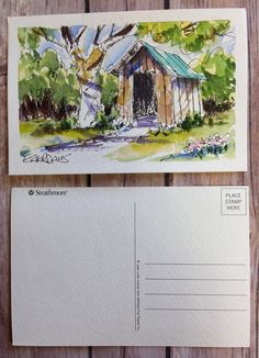 two postcards with watercolors on them, one has an image of a cabin