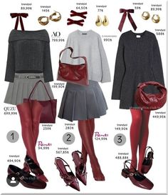 Outfits With Red Tights, Grey Skirt Outfit Winter, Maroon Tights Outfit, Red Tights Aesthetic, Red Tights Outfit, Mode Editorials, Autumn Outfits, Tights Outfit