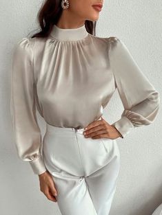 Formal Blouses, Stand Collar Blouse, Classy Blouses, Women Blouses Fashion, Blouse Designs Silk