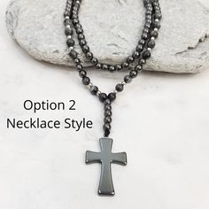 Mens Rosary Style Necklace Men Cross Necklace Black Onyx Men | Etsy Adjustable Black Crucifix Necklace, Black Adjustable Crucifix Necklace, Adjustable Cross Necklace With 8mm Beads, Black Adjustable Necklace With Cross Pendant, Adjustable Black Cross Pendant Necklace, Hematite Bead Necklaces As Gifts, Hematite Bead Necklace As A Gift, Spiritual Black Cross Beaded Necklace, Black Spiritual Cross Pendant Necklace