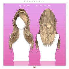 two wigs with long hair are shown in three different positions, one is blonde and the other is light brown