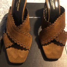 Saint Laurent Brown Suede Sandals Size 9.5 Color Brown Evening Suede Brown Sandals, Luxury Brown Mules For Party, Brown Block Heel Mules For Evening, Designer Mules With Leather Sole And Block Heel, Designer Mules With Block Heel And Leather Sole, Designer Open Toe Mules With Reinforced Heel, Luxury Suede Mules For Summer, Designer Flats With Removable Insole, Designer Open Toe Mules With Branded Insole