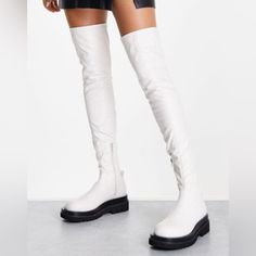 These Are Very Stylish Pair Of Tony Bianco Bellair Thigh High Chunky Lug Sole Cream/White Leather Boots Size 8 I Think They Run A Bit Large And Would Fit 8.5 Better As Most Of My Designer Boots Are Us 8 But For These Boots, There Are Quite A Room And Loosely Fit For Me. They Are In Almost New Condition, No Spots Or Scratches, Only Slight Signs Of Wear On Soles As Per Photos, I Have Only Worn Them Twice For A Few Hours Each Time. Come With Box But No Dust Bags. Leather Upper With Manmade Lug Sole Cream Leather Boots, White Leather Boots, Tony Bianco, 5 Inch Heels, Designer Boots, Lug Sole, Thigh High, Over The Knee Boots, Thigh Highs