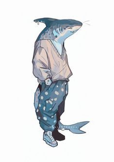 a drawing of a man in pajamas and a shark hat standing on one foot with his mouth open