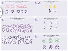 four different types of stitching patterns with numbers and symbols on them, all in pastel colors