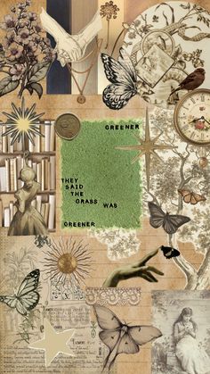 a collage of different images with words and pictures on them, including flowers, butterflies,