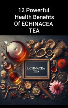 the cover of 12 powerful health benefits of echinacea tea, with various items surrounding it