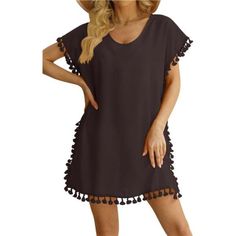 Material: This Women's Cover Up Is Made Of 100% Polyester. Soft And Breathable Material And Lightweight, Keeps You Cool On Hot Days. Fashion Fringe Beach Swim Dress: Stylish Pom Poms And A Bright Design That's Sure To Make You Stand Out. Breathable And Soft Polyester, This Swimwear Cover Up Is Light Weight And Comfortable To Wear. The Small Cute Tassels On The Hem Make The Bathing Suit Cover-Up Fashion And Charming, This Bathing Cover Up Will Fit Most Women. Great For Many Occasions: Women's Bik Beachwear Mini Dress For Beach Party, Beach Party Beachwear Mini Dress, Mini Length Swim Dress For Summer Vacation, Summer Vacation Swim Dress Mini Length, V-neck Swim Dress For Summer Beach, Mini Sundress For Poolside And Beach Season, Summer Vacation Mini Length Swim Dress, Black Mini Dress For Summer Beach, Sleeveless Swim Dress For Spring Beach Outings