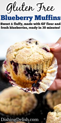 blueberry muffins with text overlay reading gluten free blueberry muffins sweet and fluffy, made with gf flour and fresh blueberries ready in 30 minutes