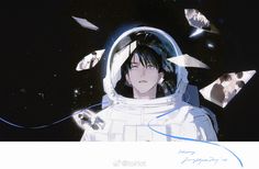 an anime character with black hair and white space suit, surrounded by objects that appear to be floating in the air