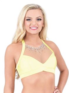 Pro cheer audition or performance top in Lemon cello with rhinestones Dance Audition, Halter Bra Top, Top Satin, Cheerleading Uniforms, Halter Bra, Bra Top, Princess Seam, Color Swatches, Bra Tops