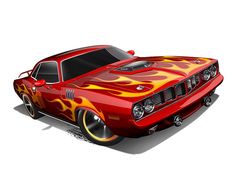 a red car with flames painted on it's hood is shown in front of a white background