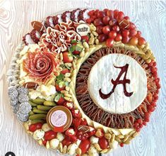 a platter filled with different types of food including grapes, nuts and other foods