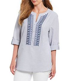 Multiples Plus Size Roll-Tab Sleeve Stripe Embellished Detail Hi-Low Shirttail Hem Top Fall Split Neck Tunic, Spring Tunic For Workwear, Plus Size Tops, Tunic Tops, Top Blouse, Plus Size, Women's Top