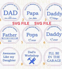 father's day badges with the words dad, papa, svg file, and pops