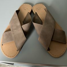 New!! Never Worn Gap Slip On Tan Suede Sandals! Easy To Wear And Great Color. They Go With Everything.. Gap Sandals With Round Toe For Spring, Gap Open Toe Sandals For Spring, Gap Adjustable Open Toe Sandals, Gap Casual Beach Sandals, Casual Gap Sandals For The Beach, Brown City, Striped Shoes, Uniqlo Bags, Velvet Flats