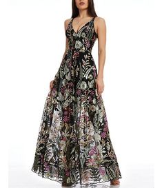 Dress the Population Ariyah Floral Sequin Mesh V-Neck Sleeveless Gown | Dillard's