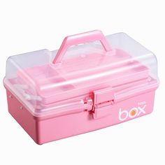 a pink box with clear lid and handle