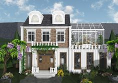 this is an artist's rendering of a house with lots of plants and flowers