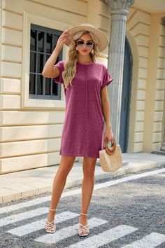 F00238417-402 Casual Solid Color Mini Dress, Casual Knee-length Mini Dress With Relaxed Fit, Solid Color Shift Mini Dress For Day Out, Solid Shift Mini Dress For Day Out, Day Out Shift Mini Dress In Solid Color, Casual Shift Dress For Daywear, Casual T-shirt Dress For Summer Workwear, Solid Color Short Sleeve Shift Mini Dress, Casual Solid Color Mini Dress For Daywear