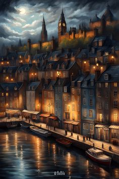 a painting of a city at night with boats docked in the water and buildings lit up