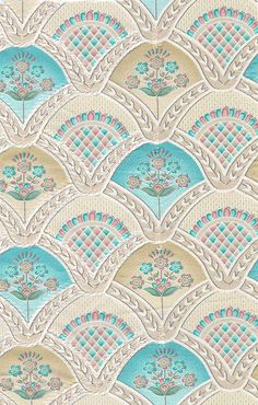 an intricately designed wallpaper with flowers and leaves in pastel blue, pink, yellow and green colors