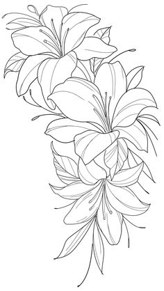 a bouquet of flowers is shown in black and white, as well as an outline drawing