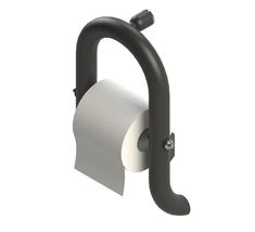 a toilet roll holder with a black handle and two rolls of paper on the side