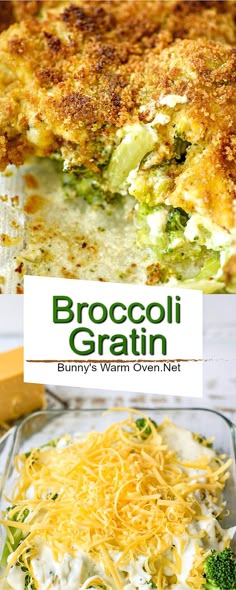 broccoli and cheese casserole in a glass dish with the title above it