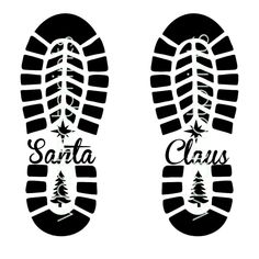 two pairs of shoes with the words santa claus and pine trees on them, in black and white