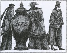 two people standing next to an urn with ashes written on it and the words ashes in large letters