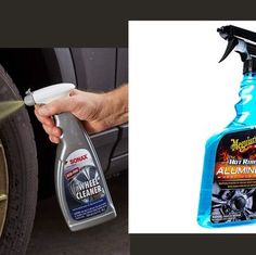 two pictures one with a wheel cleaner and the other with a car's tire